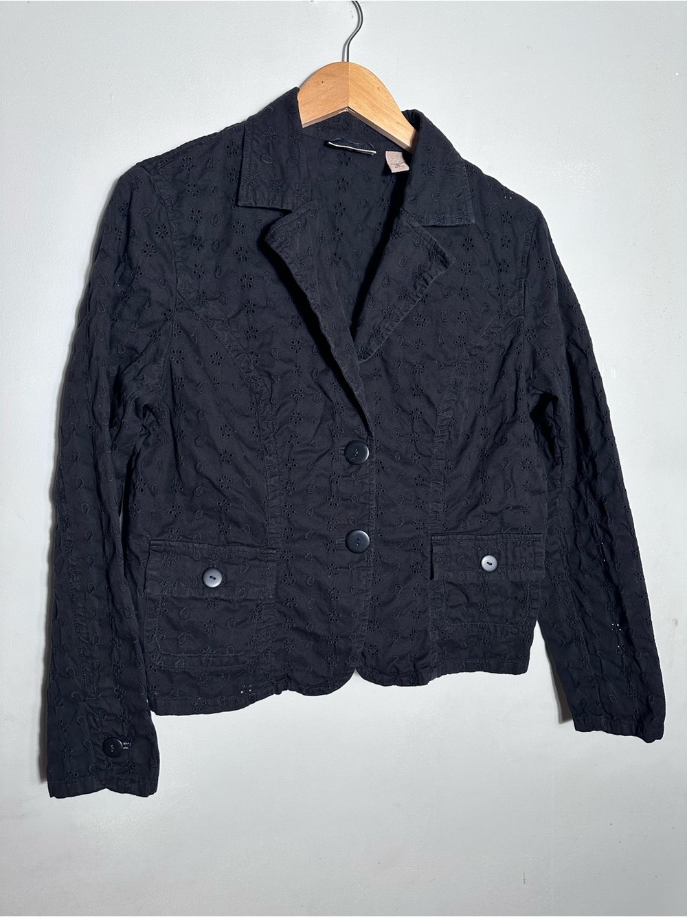 Y2K Black Eyelet Blazer Jacket - Women's Tailored Button Front